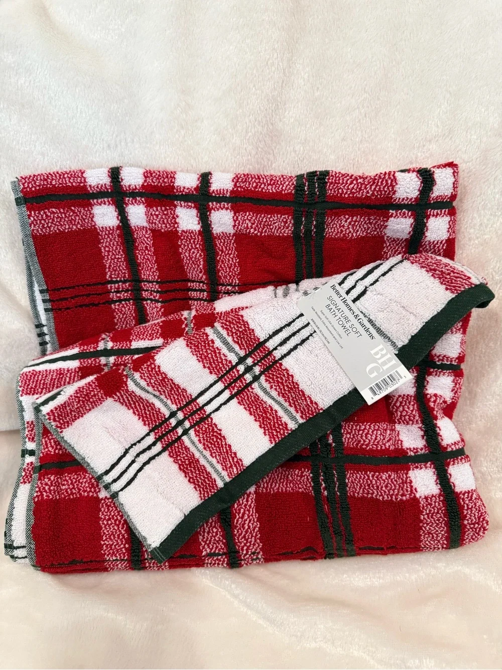 Red & White Plaid Bath Towels with olive green Trim